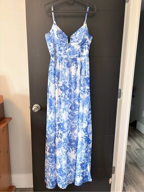 Blue Floral Maxi Dress with Spaghetti Straps